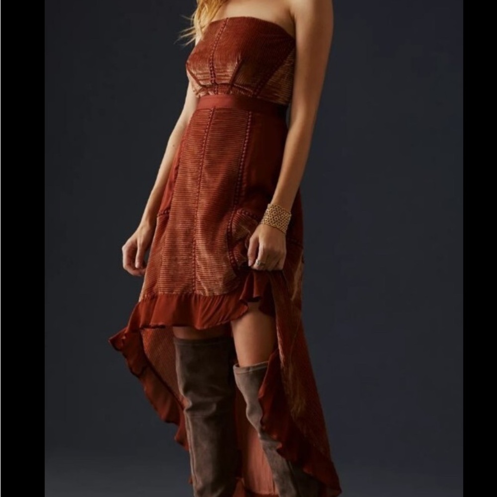 Anthropologie Strapless Rust Velvet High Low Dress